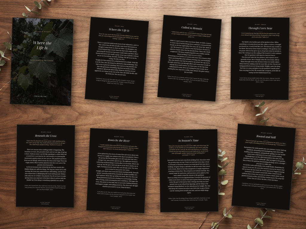 The seven night devotional shown as printed cards on a table