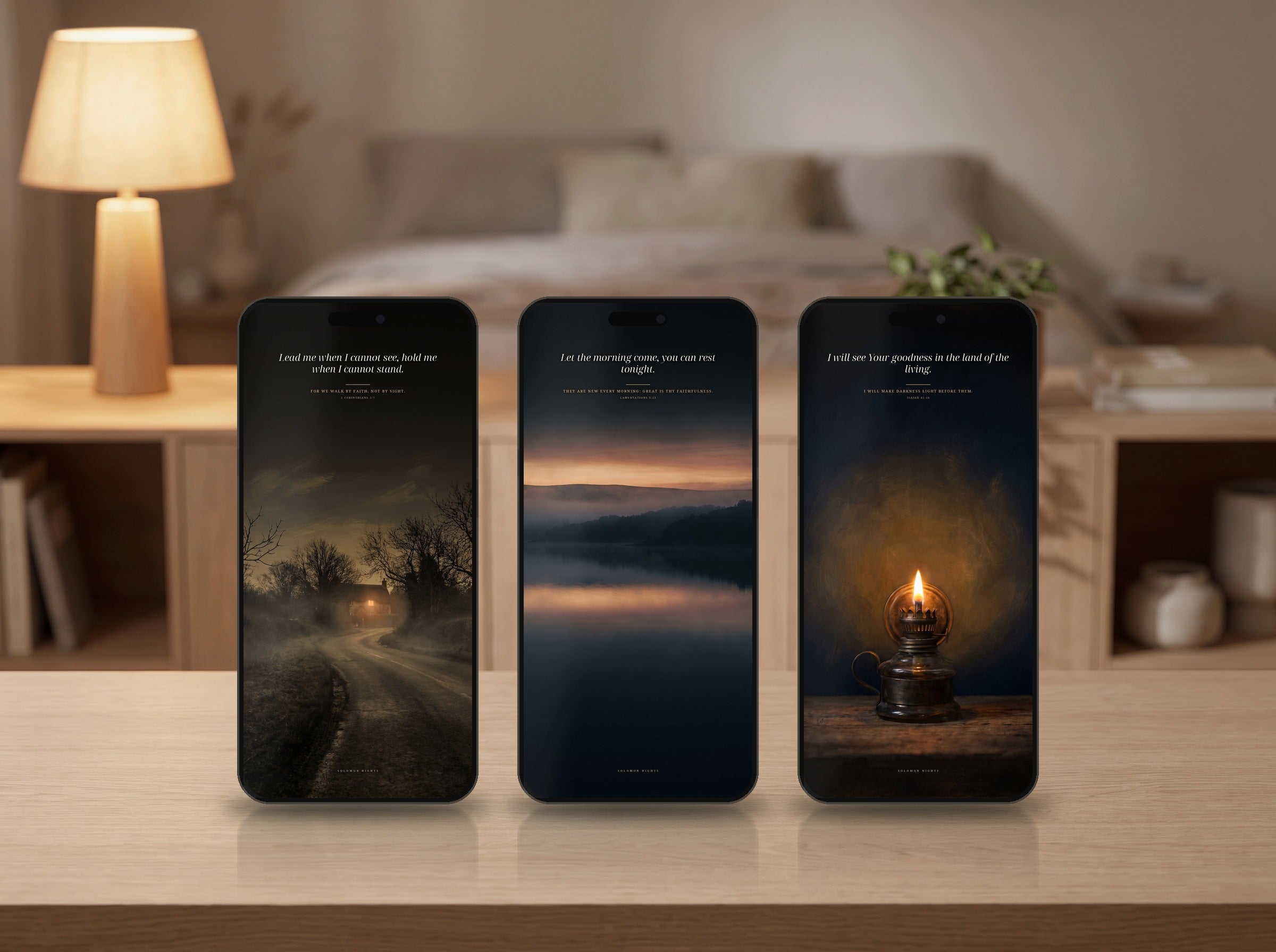 All three phone wallpapers from this set shown on three phones